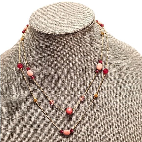 LOFT Pink & Gold Beaded Double Layer Necklace - Picture 1 of 11